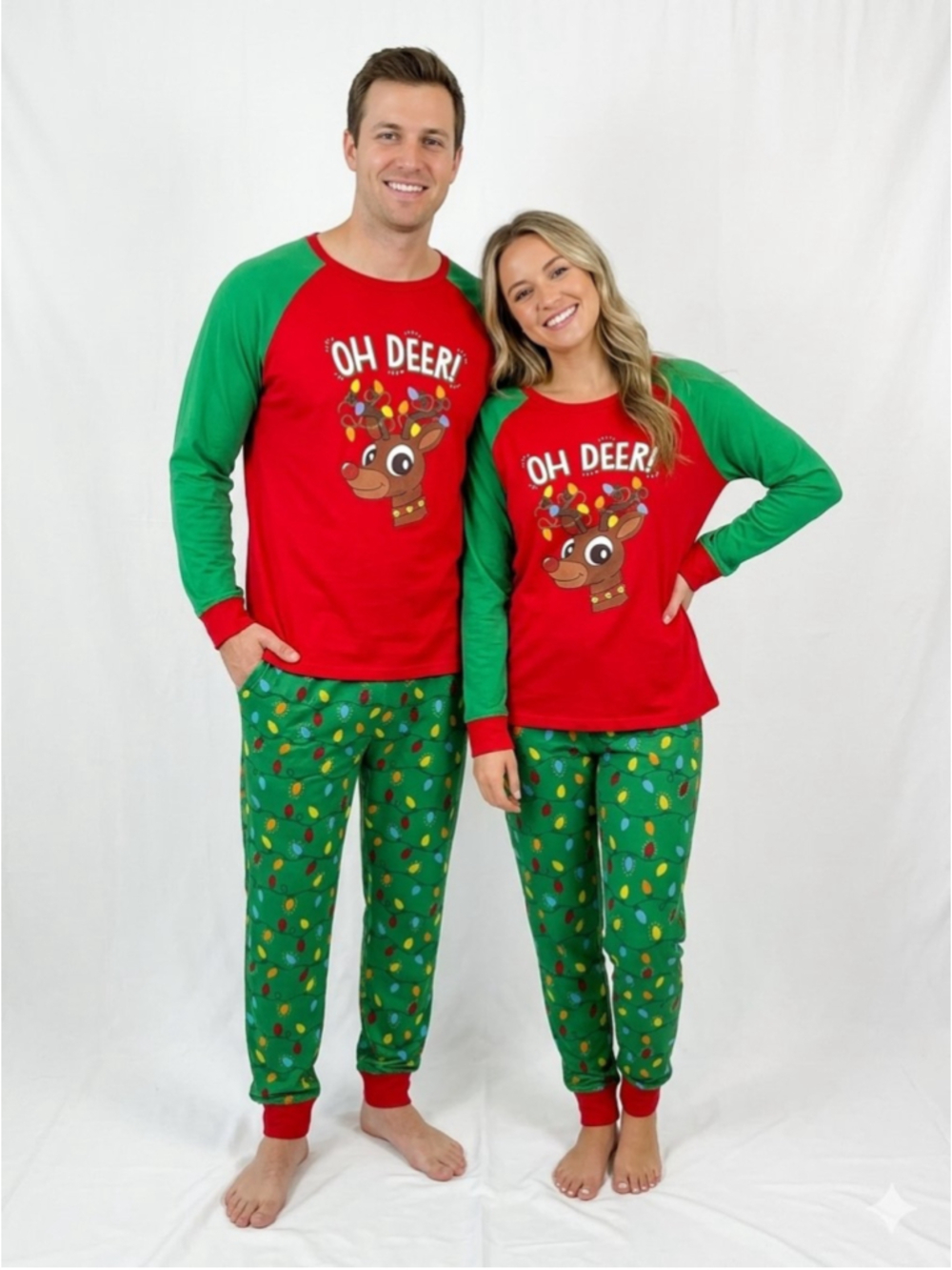 Fammy Jammies Women's Oh Deer Christmas Pajama Set Size Large Red Green - 905